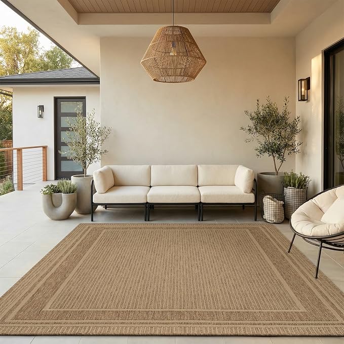 MontVoo-Outdoor Rug-Patio Rug 9x12 ft Polypropylene Indoor Outdoor Rugs Outdoor Carpet for Patio Deck Balcony Porch, Textured Weave, Durable for High Traffic, Fade-Resistant, Modern Neutral Brown
