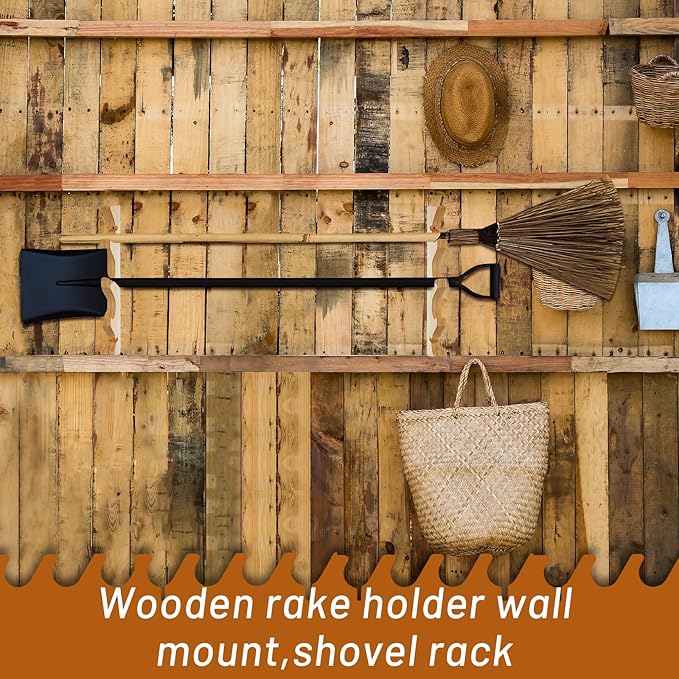 Beeveer 2 Pairs Pine Wood Garden Tool Organizer Wall Mount Garage Shed Yard Organization Racks Horizontal Garden Tool Holder for Wall Shovels Rakes Long Handled Objects Storage, 8 Slots in Total
