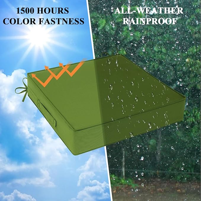 Outdoor Chair Cushions 19x19x4 Inch, Waterproof Green Patio Furniture Cushions Set of 2 with Ties & Handle, 3 Year Color Fastness Square Replacement Seat Cushions for Sofa, Couch