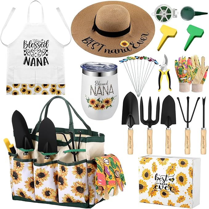 Lasnten 16 Pcs Mothers Day Garden Gift for Nana Women Garden Tools Sunflower Birthday Gardening Supplies from Grandson Gloves Apron Insulation Cup Fork Trowel Tote Bags for Plant Lover Present