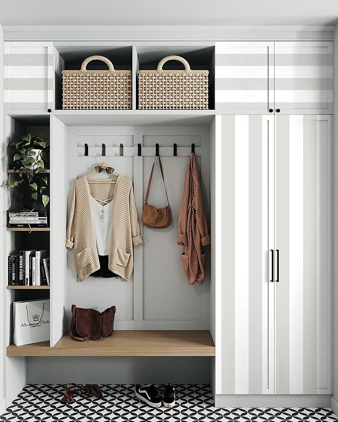 Guvana 17.7"×394" Grey and White Peel and Stick Wallpaper Striped Contact Paper