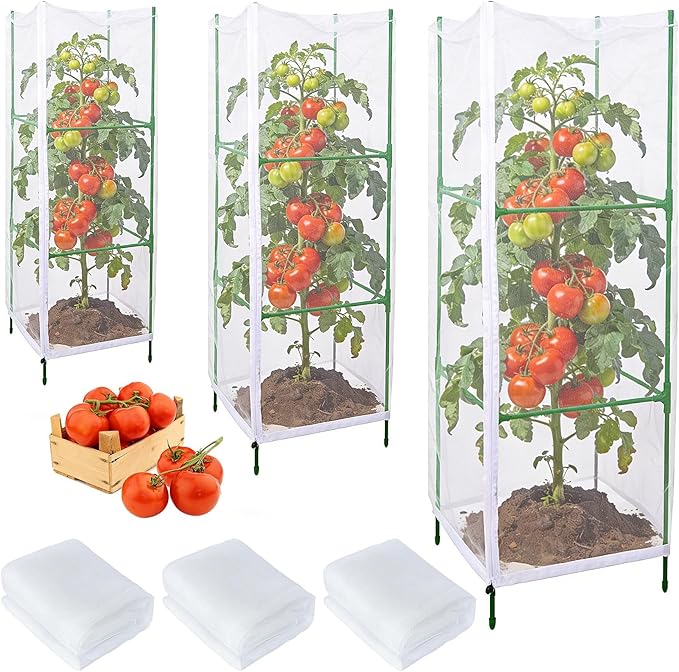 3 Pack Square Tomato Cages with 3 Plant Covers, 47 Inch Tall Cages for Tomato, Tomato Trellis with Bird Netting, Vertical Garden Trellis for Climbing Plants Vegetables in Outdoor
