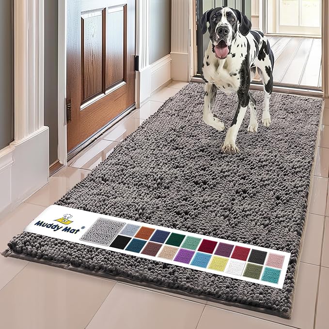 Muddy Mat® | Super Water Absorbent Door Mat Indoor, Microfiber Quick Dry Chenille Entryway Rug, Slip Resistant Front Door Mat, Indoor Mats for Entryway, Machine Washable Pet Rug, Charcoal 36" x 120"