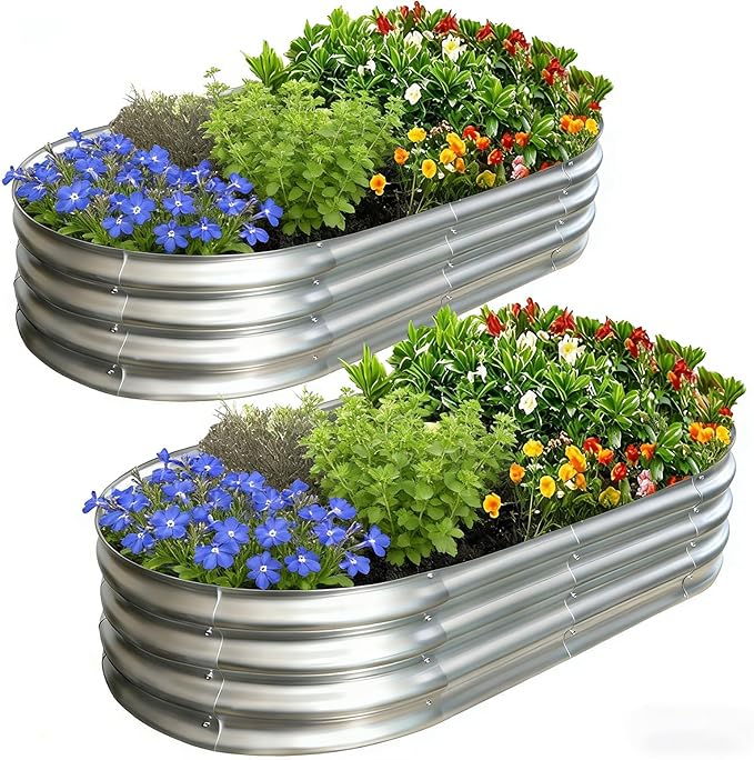 Galvanized Raised Garden Bed Kit, Planter Garden Boxes Outdoor, Oval Large Metal for Vegetables Fruits, Flowers Planter Boxes, Easy Assembly Garden Bed Kit (Silver, 4Ã2Ã1FT (2-Pack)