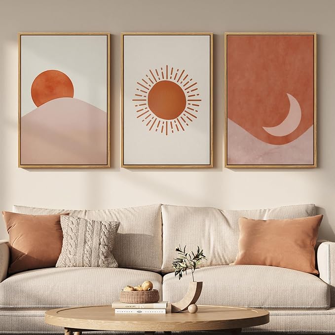 Framed Sun and Moon Boho Wall Art Bedroom, 3 Piece Abstract Minimalist