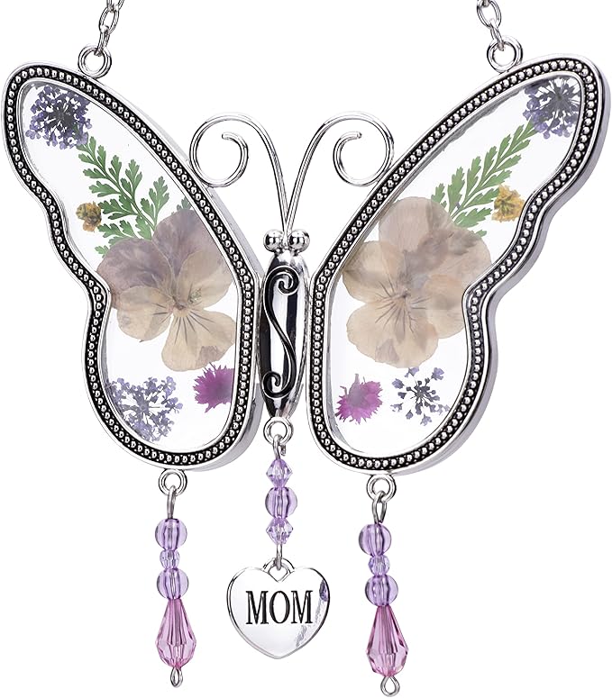 Laraine Butterfly Suncatcher with Pressed Colourful Flower Wings Mom Mother's Day Butterfly Glass Wind Chime Ornament Charm with Metal Heart Gifts for Mom Grandma Birthday (Yellow Mom)