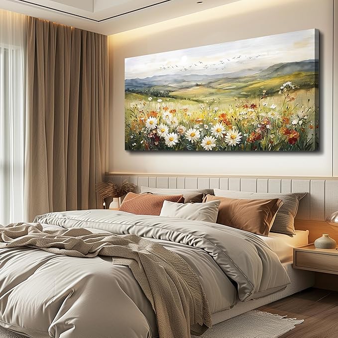 FUHAIHUA Canvas Wall Art For Living Room Large Framed Wall Decor For Bedroom Modern Office Wall Decorations Prairie Flowers Landscape Painting Farmhouse Pictures Artwork Home Decor 20" x 40"