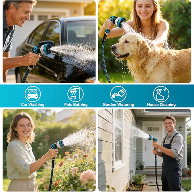 25 FTGarden Hose, Non-Expandable Flexible Fabric Water Hose with 10-Function Spray Nozzle, Kink-Free & Lightweight Yard Hose with 3/4" Solid Brass Connectors for Lawn, Outdoor, RV & Marine Use