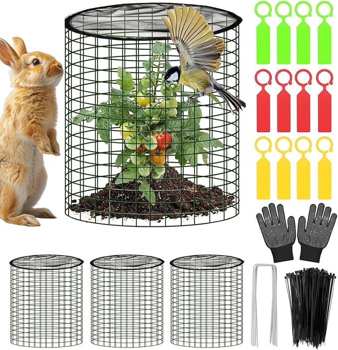 Plant Protector from Animals with Detachable Covers - 4 Pack 16âx 16" Wire Cage Cloches with Ground Stakes and Tools for Protecting Vegetable, Flower, Seedling
