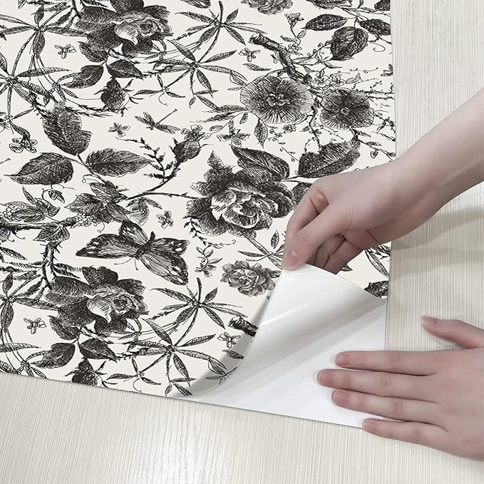 JiffDiff Floral Vintage Wallpaper Peel and Stick Wall Stick Black Rose