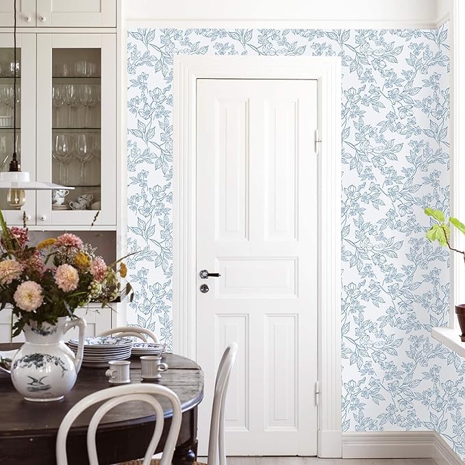 Ismoon Floral Wallpaper Peel and Stick Blue and White Contact Paper Vintage