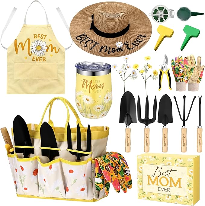 Lasnten 16 Pcs Mothers Day Garden Gift for Mom Women Dasiy Gardening Supplies Birthday Garden Tools Set from Daughters Gloves Apron Insulation Cup Fork Trowel Tote Bags for Planter Present