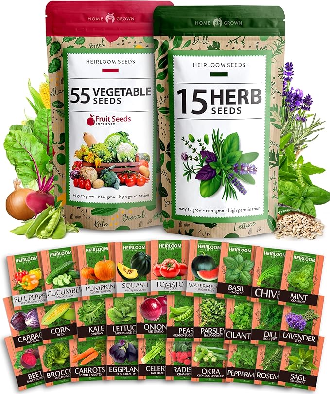 HOME GROWN 70 Variety Vegetable & Herb Seeds â 32,000+ USA Non-GMO Heirloom Survival Seeds âGarden Kit for Spring, Fall, Winter â Indoor & Outdoor Planting â Starter Set for Home Gardeners & Preppers