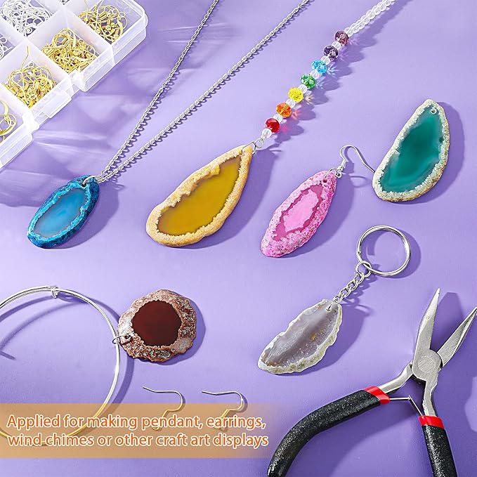 Hicarer 32 Pieces Polished Agate Slices, Drilled Agate Geode Pendants in Various Sizes and Colors Irregular Ornament Geode Stones Rock for Home Room DIY Jewelry Table Decorations