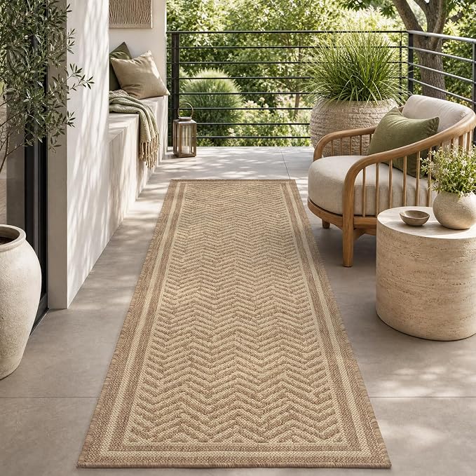 MontVoo-2x6 ft Indoor Outdoor Runner Rugs for Entryway Porch Hallway Kitchen Door Entrance Long, Textured Weave Polypropylene, Durable for High Traffic, Fade-Resistant, Boho Geometric Neutral Brown