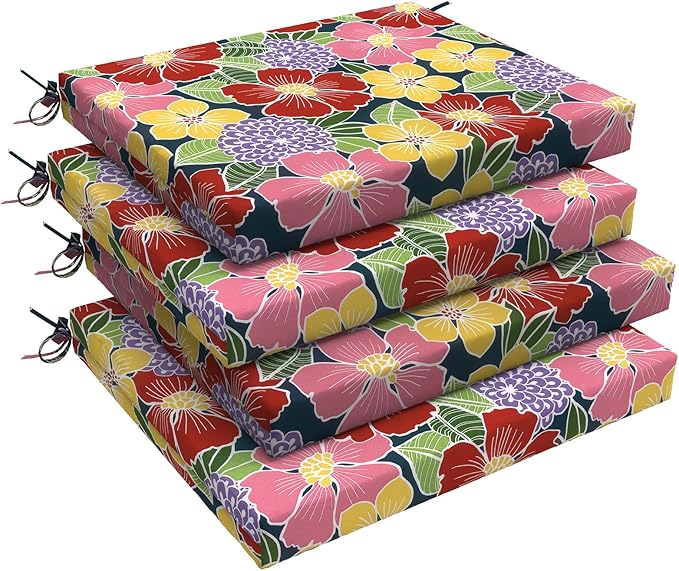 LVTXIII Outdoor Chair Cushions 18.5"x16"x2" Pack of 4, Water-Repellent Square Corner Memory Foam Seat Cushions with Ties for Garden Patio Furniture, Flower Bloom