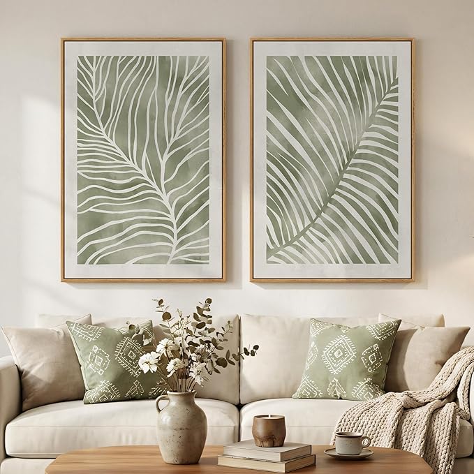 Framed Green Abstract Botanical Wall Art, 2 Piece Tropical Plant Canvas