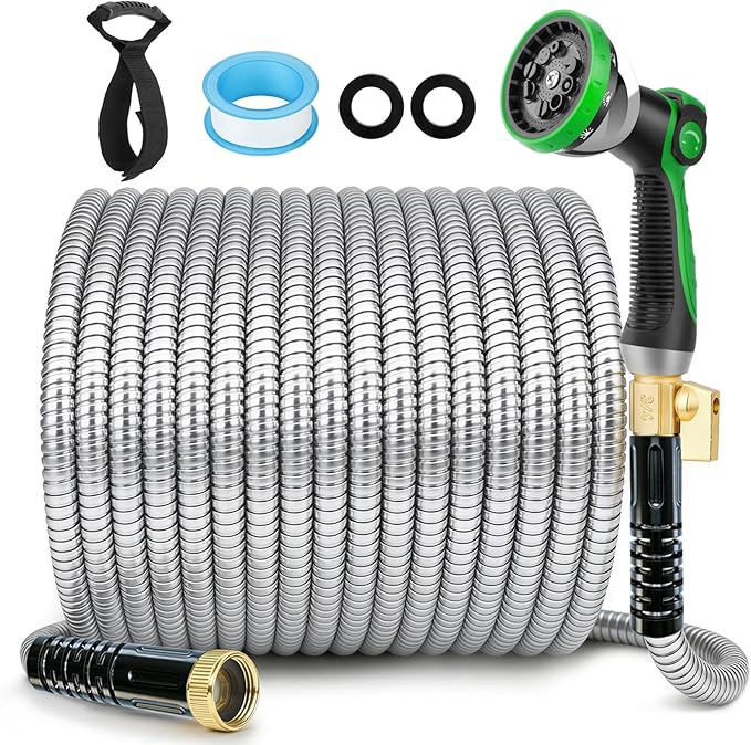 Stainless Steel Garden Hose 25 ft - 304 Stainless Steel Kink-Free Metal Water Hose with Shut-Off Valve & Hose Straps, Heavy Duty, Rust/Puncture Proof for Yard, Lawn and Car Washing, 25 Feet