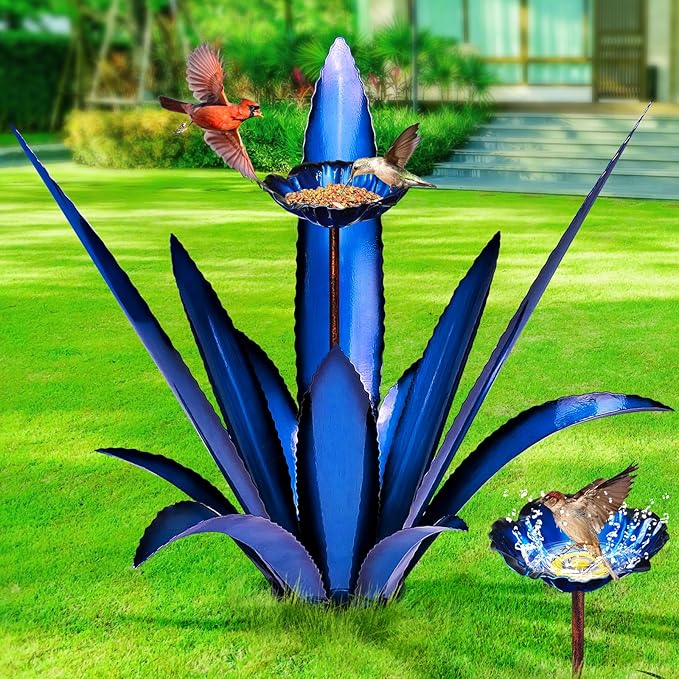 Upgraded Large Metal Yard Art, Metal Agave Plant Yard Decorations Outdoor Sculpture, Metal Flowers for Outside, Waterproof Outdoor Garden Decor (Blue+ Bird Feeder)