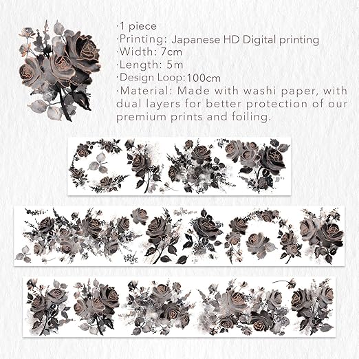WT Rose Noir Wide PET Tape Gilded,Single Roll,Original Designs,Black Floral Decors,Transparent Clear Adhesive Tape,Gold Foil,Scrapbooks Junk Bujo Journals Planners DIY Crafts Supplies Gifts
