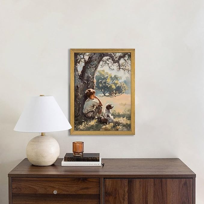 Wood Framed Canvas Wall Art, Vintage Boy and Dog Painting Poster, Countryside