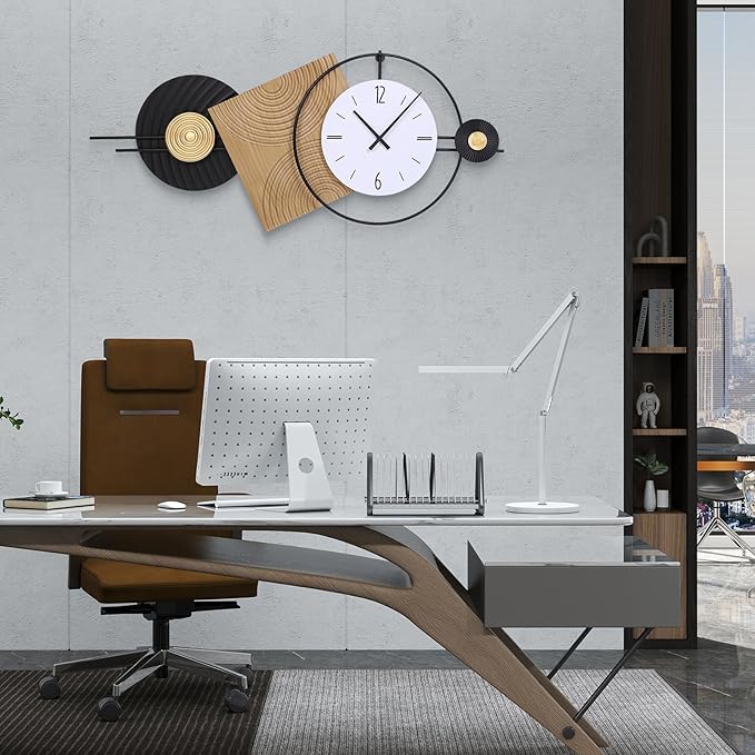37.7X21Inch Large Modern Wall Clock Geometric Dial-Solid Wood Metal Frame