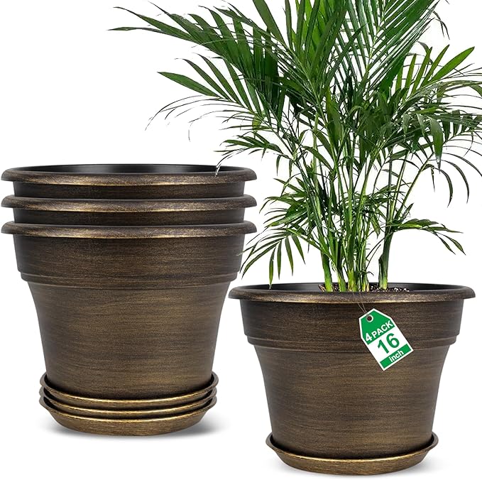 16 inch Plant Pots Outdoor Plantersï¼4 Pack Large Plastic Flower Pot for Indoor Plants with Drainage Holes & Saucer, Resin Decorative Container Sets with Trays for House Outdoor Garden Plant Dark Gold