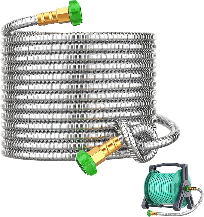Short Metal Garden Hose 15ft with Female to Female Connector, Stainless Steel Small Leader Hose for Hose Reel, Long, Flexible, Lightweight & Heavy Duty Water Pipe, Outdoor Water Hose Extension Adapter