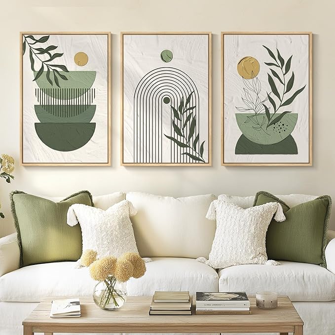 Framed Sage Green Boho Wall Art Bedroom, 3 Piece Bohemian Botanical Paintings