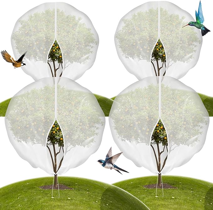4-Pack 10 * 10FT Large Fruit Tree Netting with Drawstring and Zipper, Garden Netting for Garden Protection, Insect Bird Netting for Fruit Trees, Protection from Anti Bugs,Cicadas, Insects,Birds