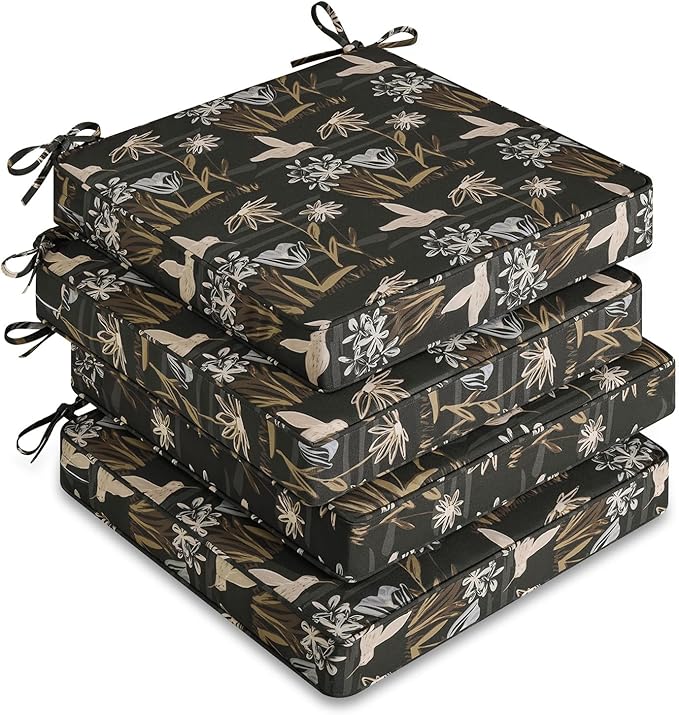downluxe Outdoor Chair Cushions Set of 4, Waterproof 19" x 19" x 3" Patio Chair Cushion with Non-Slip Ties & Handle, Square Outdoor Cushion for Patio Furniture with Removable Cover, Night Bird