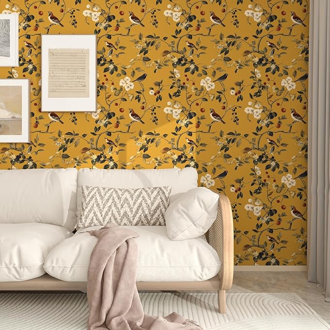 Laatse Vintage Bird Wallpaper 17.5"x118" Yellow Chinoiserie Floral Wallpaper