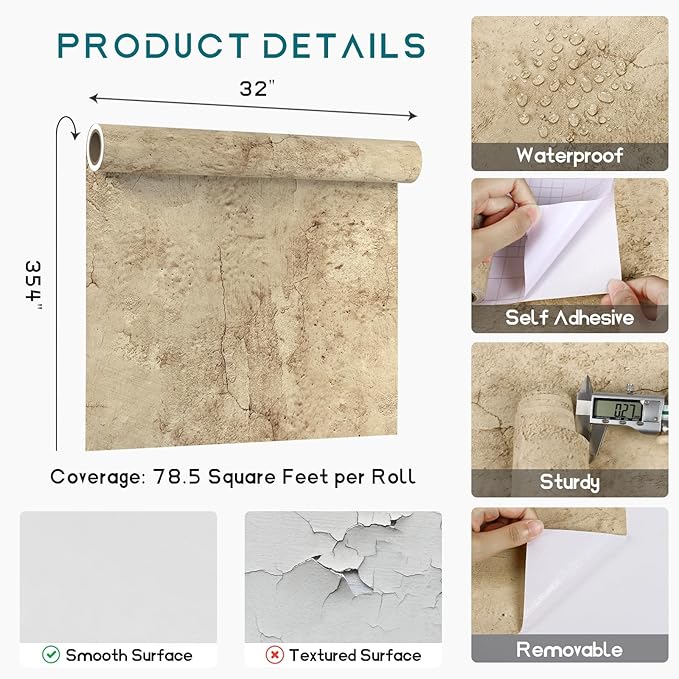 VEELIKE Wide Size 32''x354'' Aged Tan Concrete Wallpaper Peel and Stick