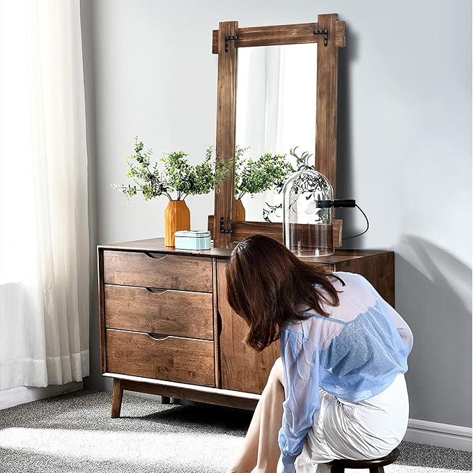 MeMoreCool 36x24 Farmhouse Rustic Wood Framed Bathroom Mirror, 24x36 Inch Wall