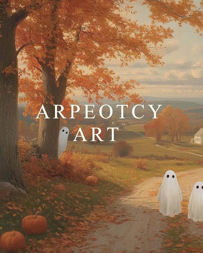 ARPEOTCY Extra Large Vintage Framed Wall Art, 36x54 Inch Halloween Wall Art Canvas, Vintage Autumn Landscape with Cute Ghosts and Pumpkins, Large Farmhouse Fall Wall Decor for Living Room Fireplace Entryway