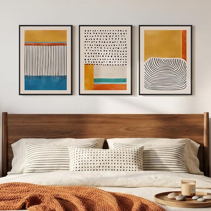 Framed Abstract Mid Century Modern Wall Art Bedroom, 3 Piece Colorful Bright
