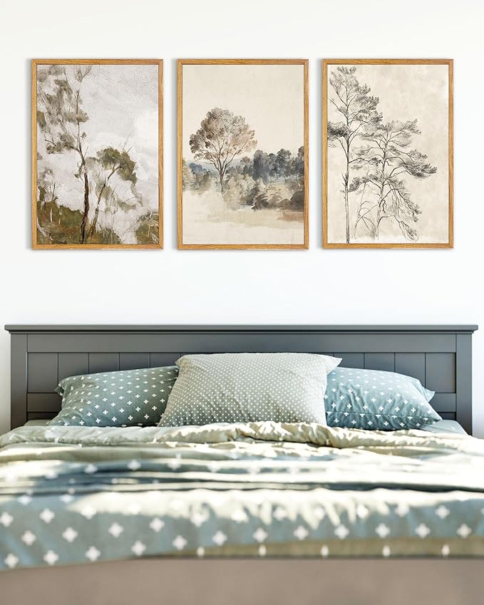 UPWOIGH Large Framed Wall Art, Set of 3 Vintage Muted Landscape Prints, 16x24 in Natural Cotton Posters with Trees, North Botanical Decor, Farmhouse Aesthetic for Living Room, Bedroom