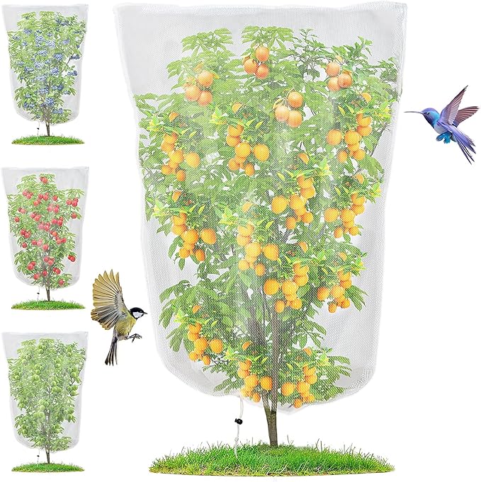 4 Pack Insect Bird Barrier Mesh - Blueberry Bush Netting Cover Insect Bird Netting Tomato Protective Cover with Drawstring Garden Mesh Netting for Vegetables, Fruits, Trees, 3.3Ft x 4.92Ft