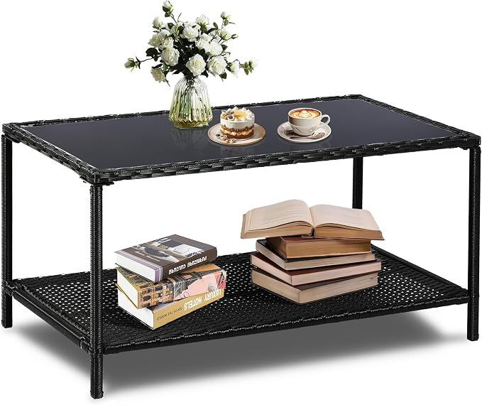 SUNNYPARK Outdoor Rattan Coffee Table 36ââ All-Weather Wicker Patio Side Tables with Glass Top and Storage Shelf Furniture for Living Room Balcony Backyard Poolside