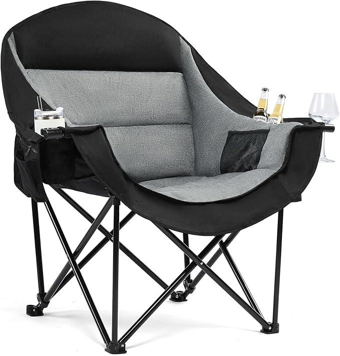 Oversized Camping Chairs for Adults - Heavy Duty Padded Outdoor Folding Lawn XL Camp Chair with Cup Holder Cooler Pockets for Outside Sports Beach Fishing Garden Portable Supports 500lbs, Black