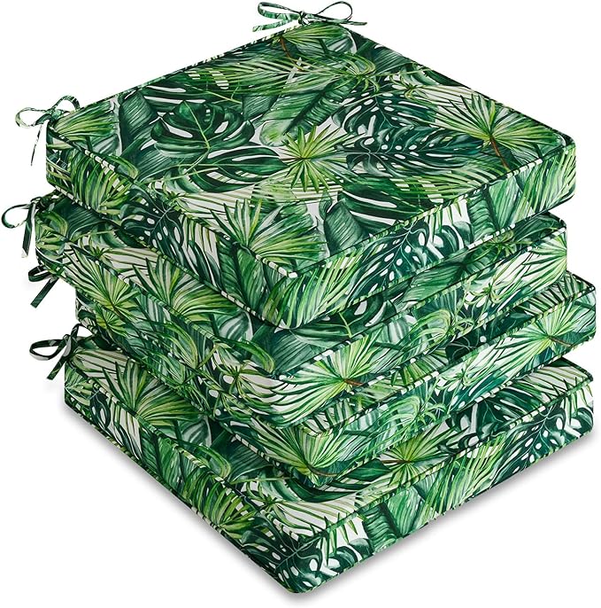 downluxe Outdoor Chair Cushions Set of 4, Waterproof 19" x 19" x 3" Patio Chair Cushion with Non-Slip Ties & Handle, Square Outdoor Cushion for Patio Furniture with Removable Cover, Palm Leaves