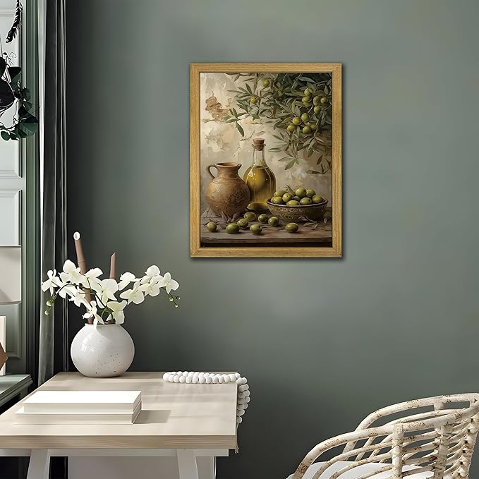 Wood Framed Olive Kitchen Wall Art, Vintage Rustic Still Life Canvas Print