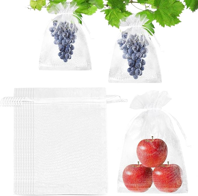 50Pcs Fruit Protection Bags, White Fruit Netting Cover Bags Drawstring Mesh Fruit Protectors Barrier for Apples, Tomatoes, Fruit Trees, Veggies Garden(8x12 Inch)
