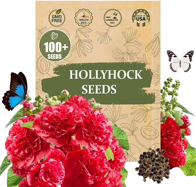 Premium Rare Hollyhock Seeds â 100+ Double Red Hollyhock Flower Seeds â Non-GMO, Heirloom Perennial â Showy Blooms for Outdoor Planting (Dwarf Double Red Hollyhock)
