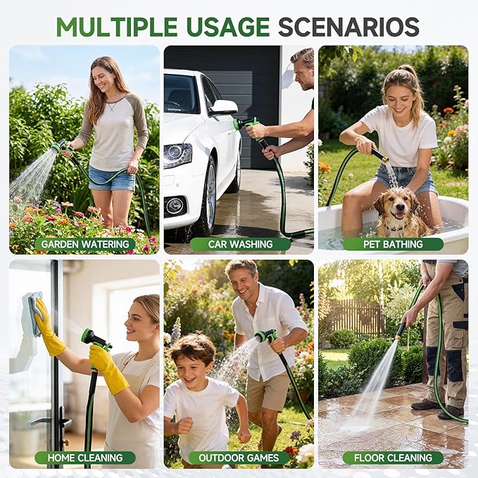 Garden Hose 25 ft Flexible Water Hoses Non-Expanding Lightweight Portable No Kink High Pressure Flat Fabric 3/4” fittings Leak-proof Durable Pipe for Outdoor Outside Yard Lawn Patio Watering Car Wash