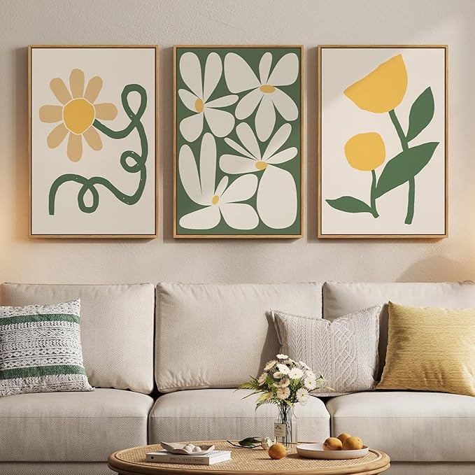 Framed Boho Abstract Wall Art Bedroom, 3 Piece Green and Yellow Mid Century