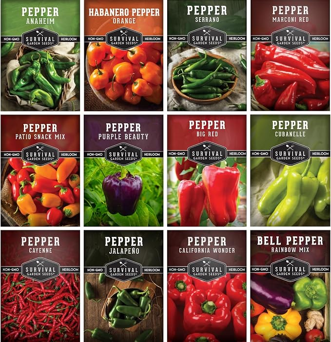 Pepper Seeds for Planting - 12 Variety Pack | Jalapeño, Serrano, Cayenne, Bell, Habanero, Anaheim & More â Hot & Sweet Heirloom, Non-GMO Pepper Seed Varieties â Survival Garden Seeds