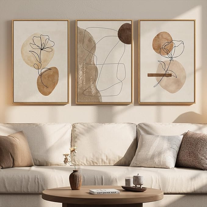 Framed Neutral Abstract Boho Wall Art Bedroom, 3 Piece Brown Black Botanical