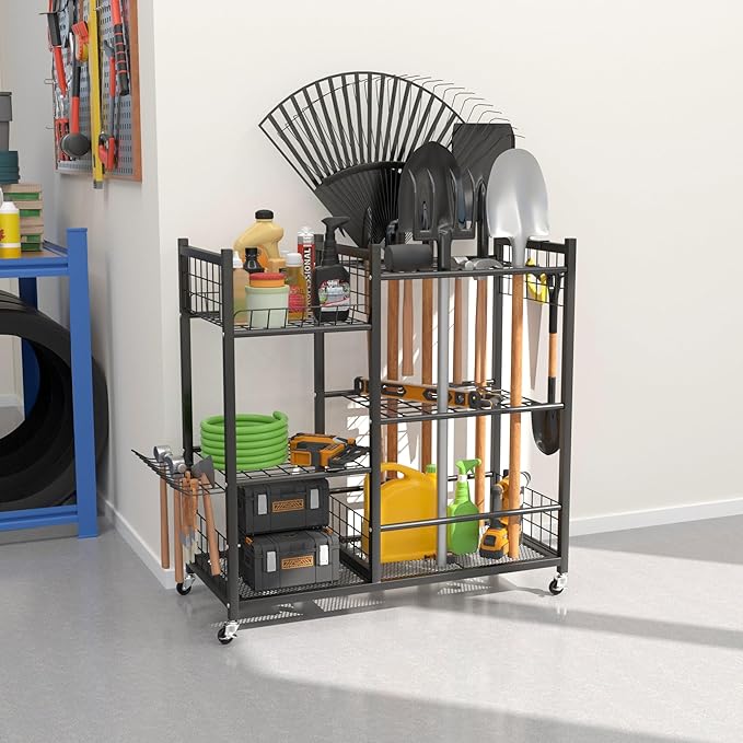 EVERHANGER Garden Tool Organizer, Garage Tool Storage Stand Organizer with Lockable Wheels, Yard Tool Racks, Fit for Long-Handled Tools/Rakes/Brooms