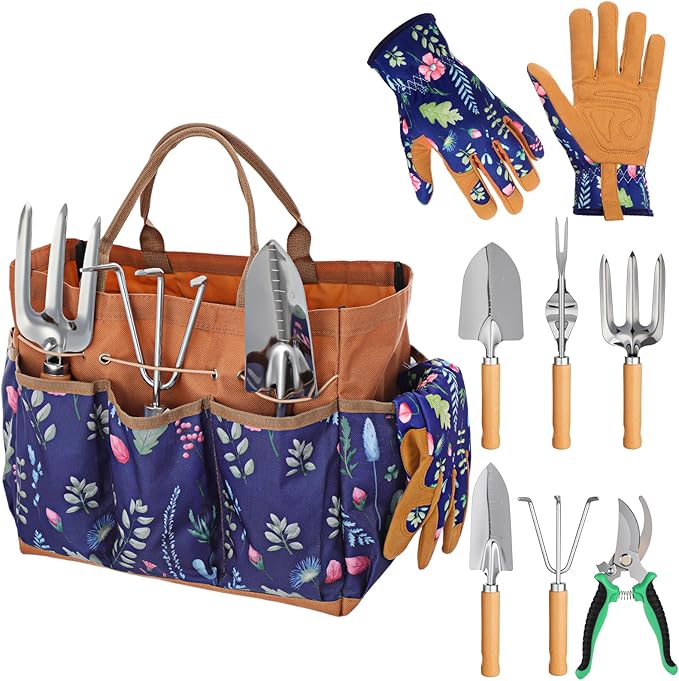 Lothee 8 Pcs Gardening Tool Set 12.6x6.3x10.4 Inch Multi-Pocket Large Floral Tote Bag with Leather Gloves Stainless Steel Garden Tools Kit for Digging Planting Weeding Pruning, Garden Gift for Women